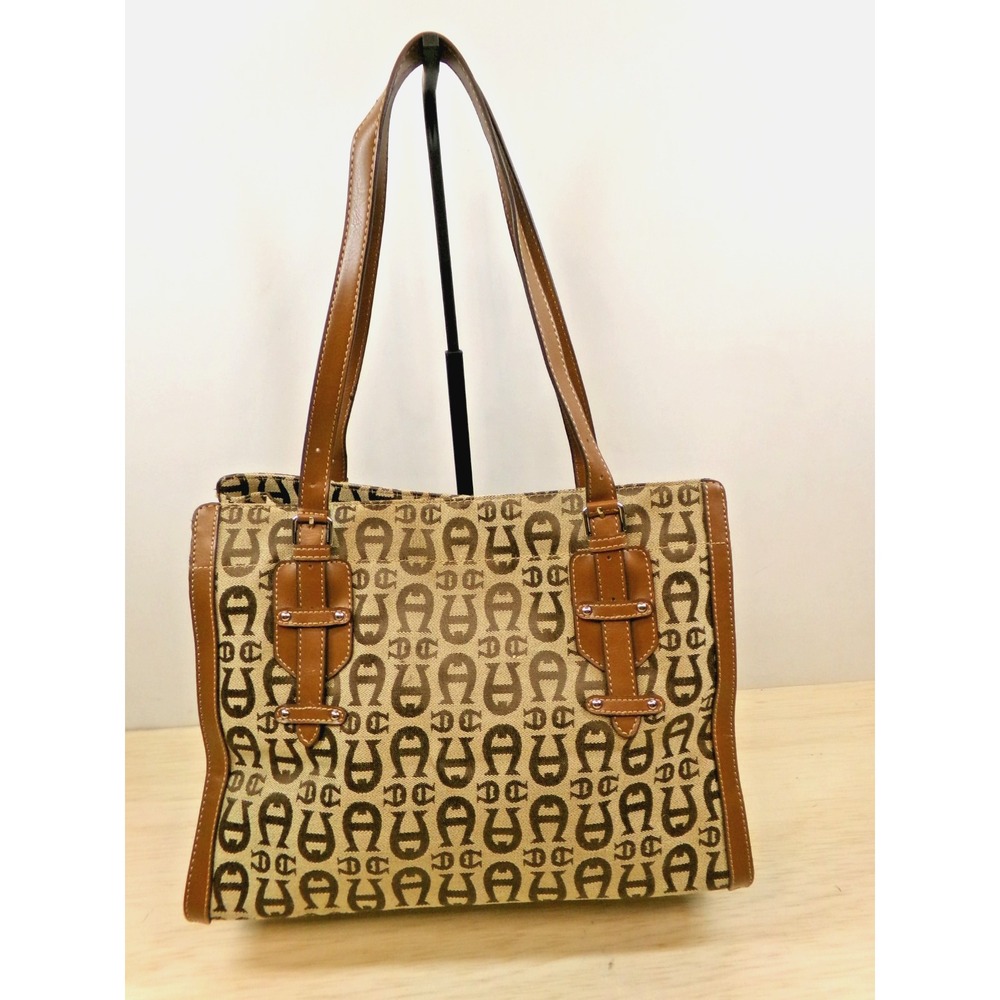 Etienne Aigner Large Core Logo Woman's Purse Bag Tote Brown Canvas & Leather